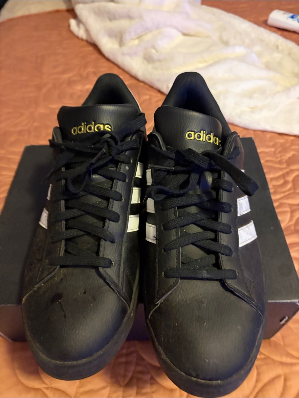 adidas Black Sneakers with White Stripes and Gold Logo